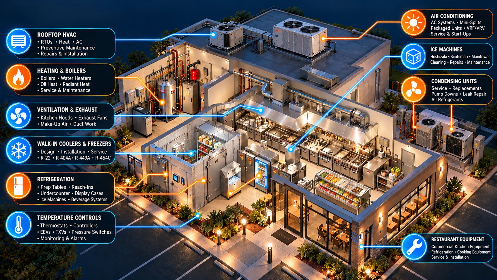 Cutaway of a commercial building showing the HVAC and refrigeration systems Total Temp installs and services